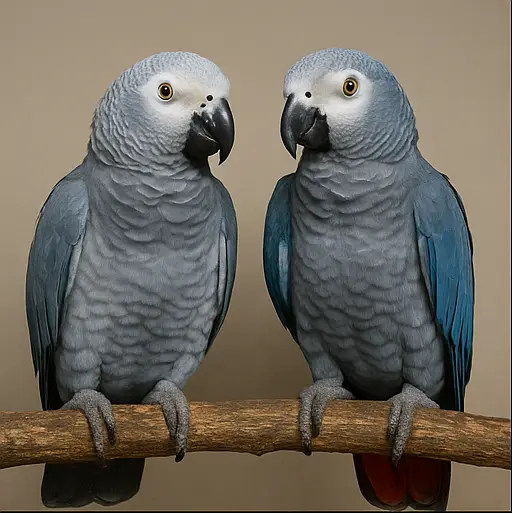 Congo and Timneh African Grey parrots perched together at Exotic Birds Farm