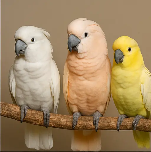 Umbrella, Moluccan, and Sulphur-Crested Cockatoos perched together at Exotic Birds Farm