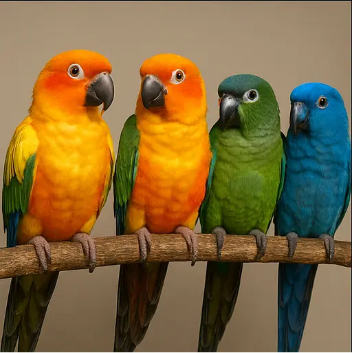 Vibrant Sun, Jenday, Green-Cheek, and Blue-Crown Conures at Exotic Birds Farm