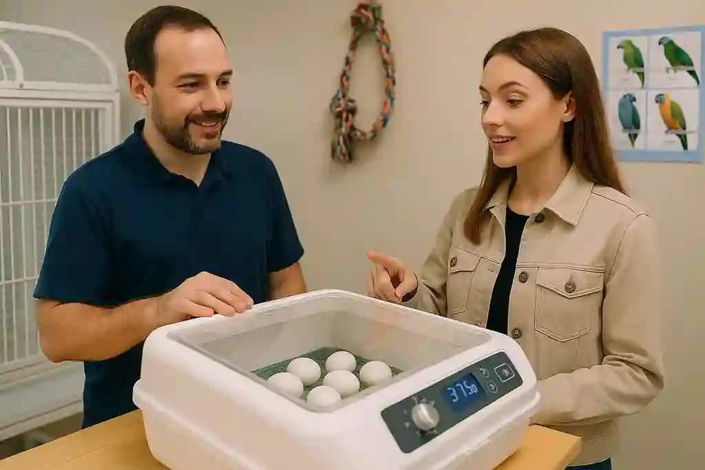 A parrot breeding specialist from Exotic Birds Farm guiding a client while showing an egg incubator.