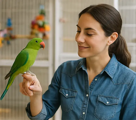 Female aviculturist socializing a young green parrot on a perch inside the aviary