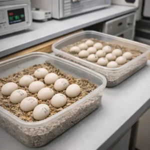 Fresh collection Timneh African Grey eggs prepared for incubation