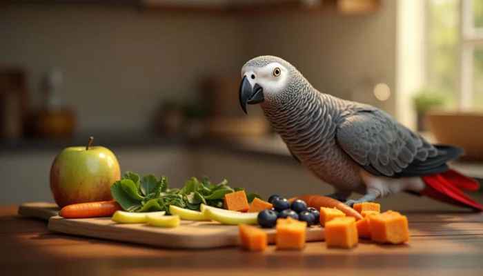 Best diet for Timneh African Grey shown with vegetables and pellets in a calm home setting
