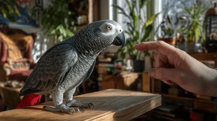 Congo African Grey talking ability shown by a vocalizing parrot indoors
