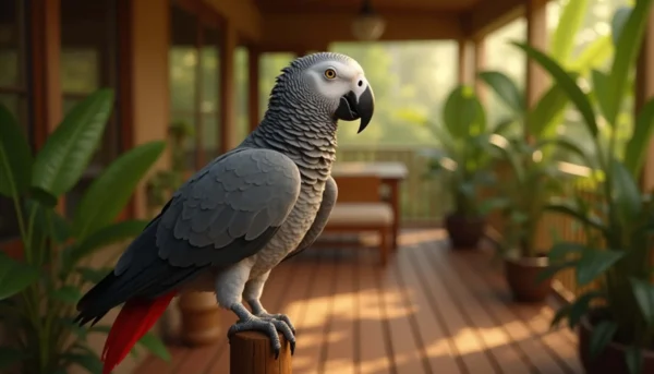 Timneh African Grey hormonal behavior shown by alert posture in a calm indoor environment