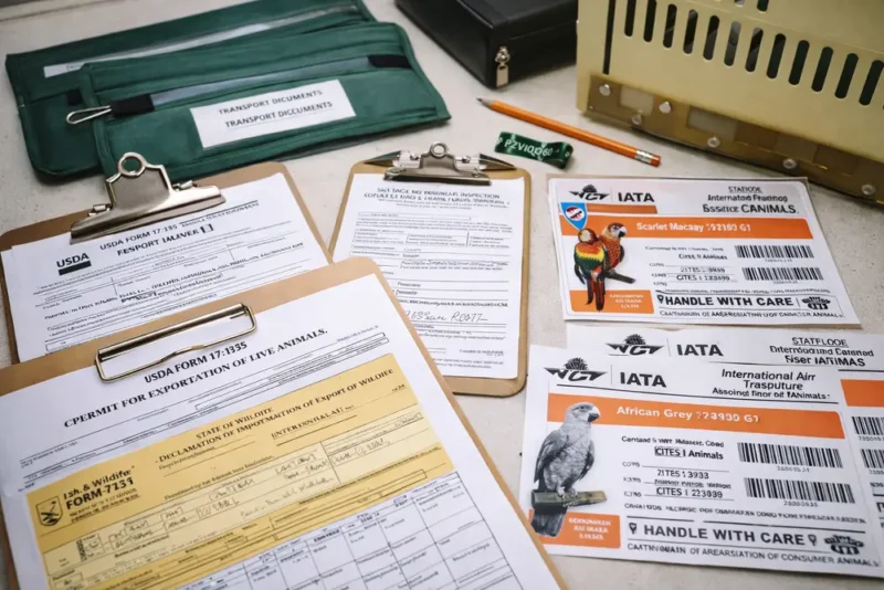 Congo African Grey Legal Requirements by Country Congo African Grey legal requirements by country shown by parrot with permit documents