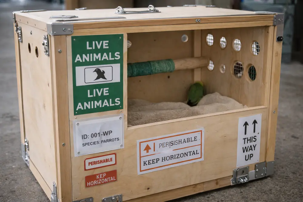 welfare-focused transport crate for live exotic birds